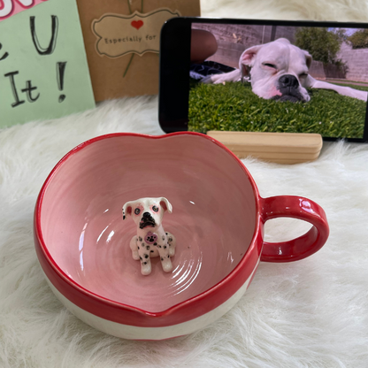 Tasse en céramique en forme de cœur avec figurine d'animal de compagnie faite à la main