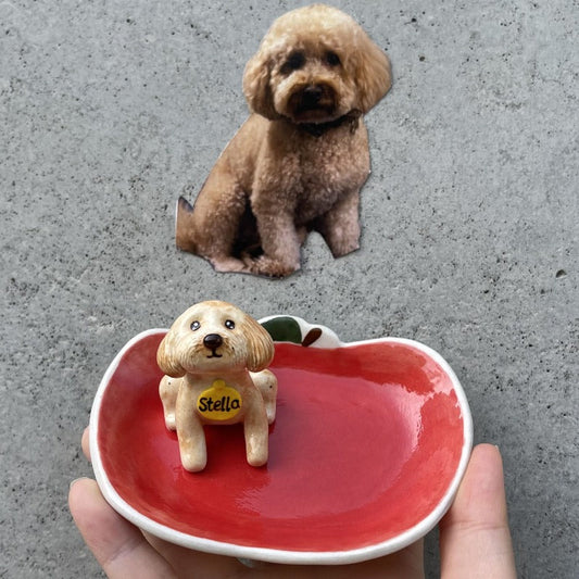 Plateau porte-bijoux en céramique fait à la main avec figurine d'animal de compagnie